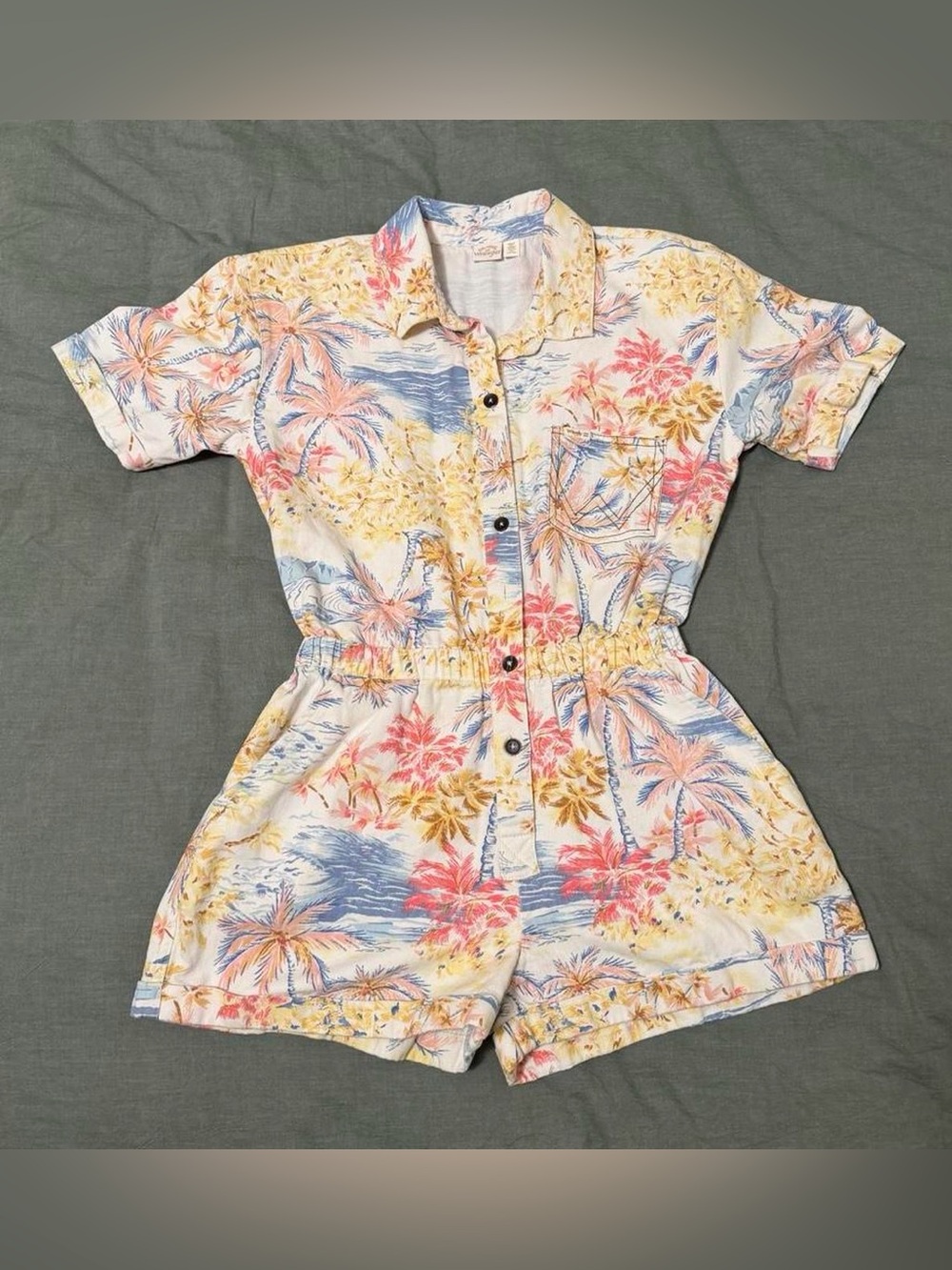 Tropical Palm Print Button Romper in Pastel Coral, Yellow & Blue